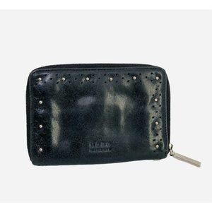 HOBO INTL Soft Black Leather Wallet Organizer Floral Lined Zip Closure Studs